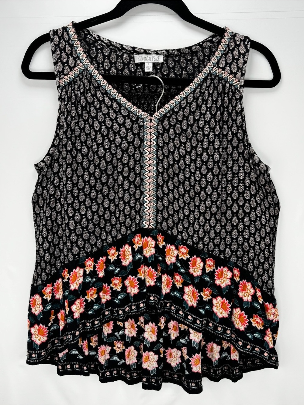 Patrons of Peace Black Floral Mixed-Print Peplum High-Low Sleeveless Tank Top